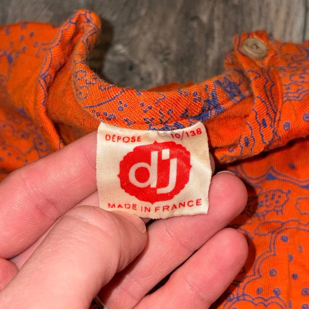 Vintage 70s DJ Made in France Kids Long Sleeve Orange Purple Print Top Size 10